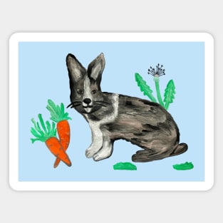 Rabbit with Carrots and Dandelions Blue Paintin Magnet